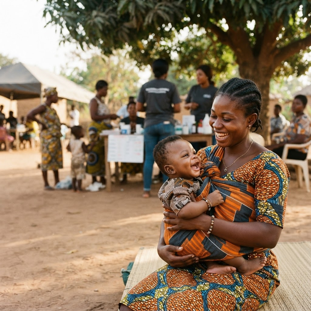 A mother holding her baby at a community health outreach